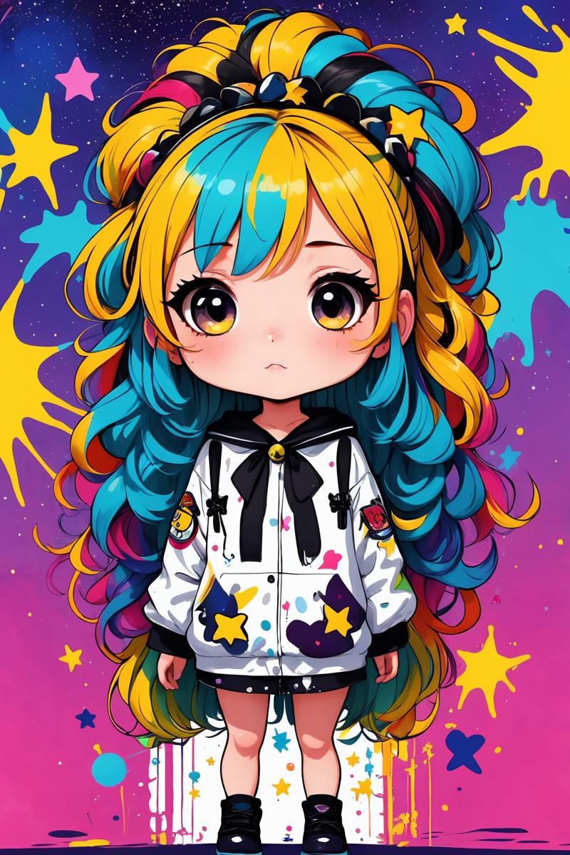 00464-1865383461-masterpiece,best quality,1girl,chibi,cute,big head,graffiti,Multicolored hair,Beehive hairdo,Shirtwaist,tuya,Stars,symbols,splas.png